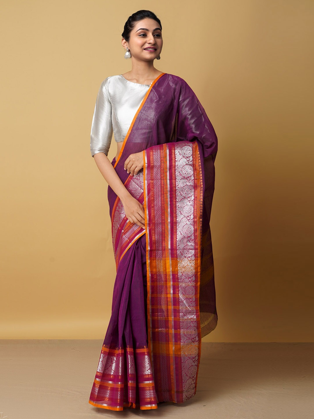 

Unnati Silks Purple & Orange Woven Design Pure Cotton Chettinad Saree