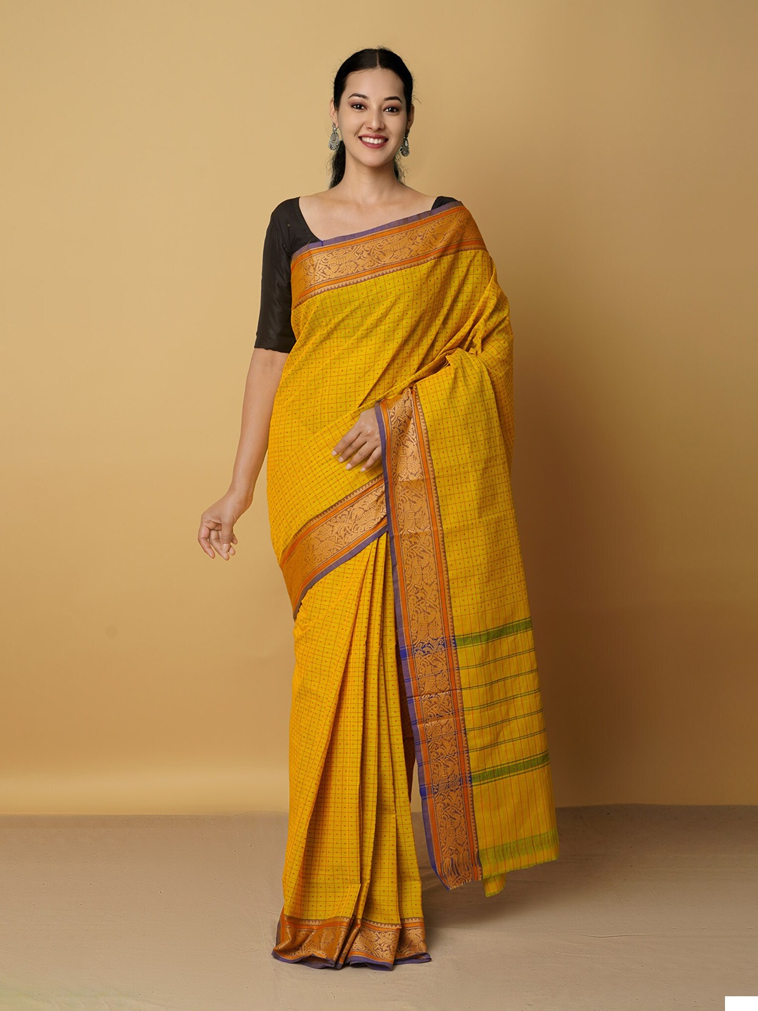 

Unnati Silks Yellow & Green Checked Zari Pure Cotton Chettinad Saree