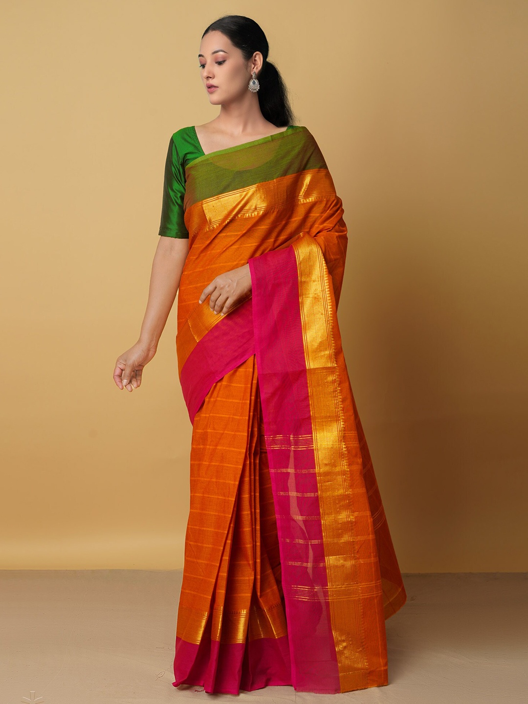 

Unnati Silks Orange & Pink Woven Design Zari Pure Cotton Chettinad Saree