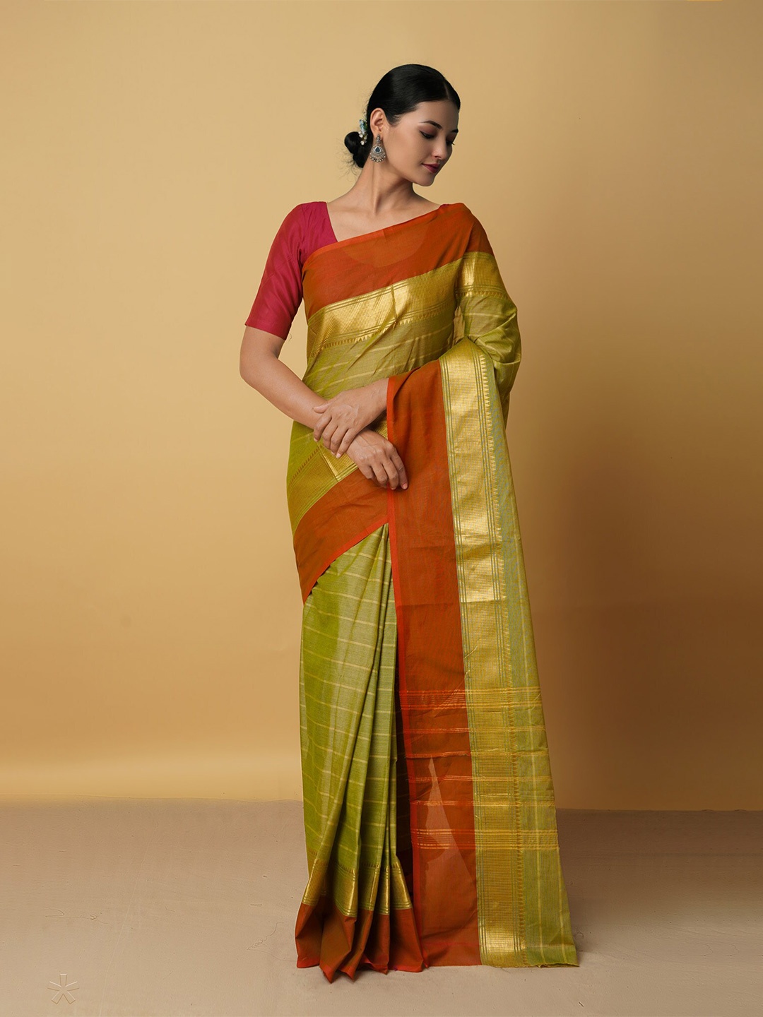 

Unnati Silks Green & Red Woven Design Zari Pure Cotton Chettinad Saree
