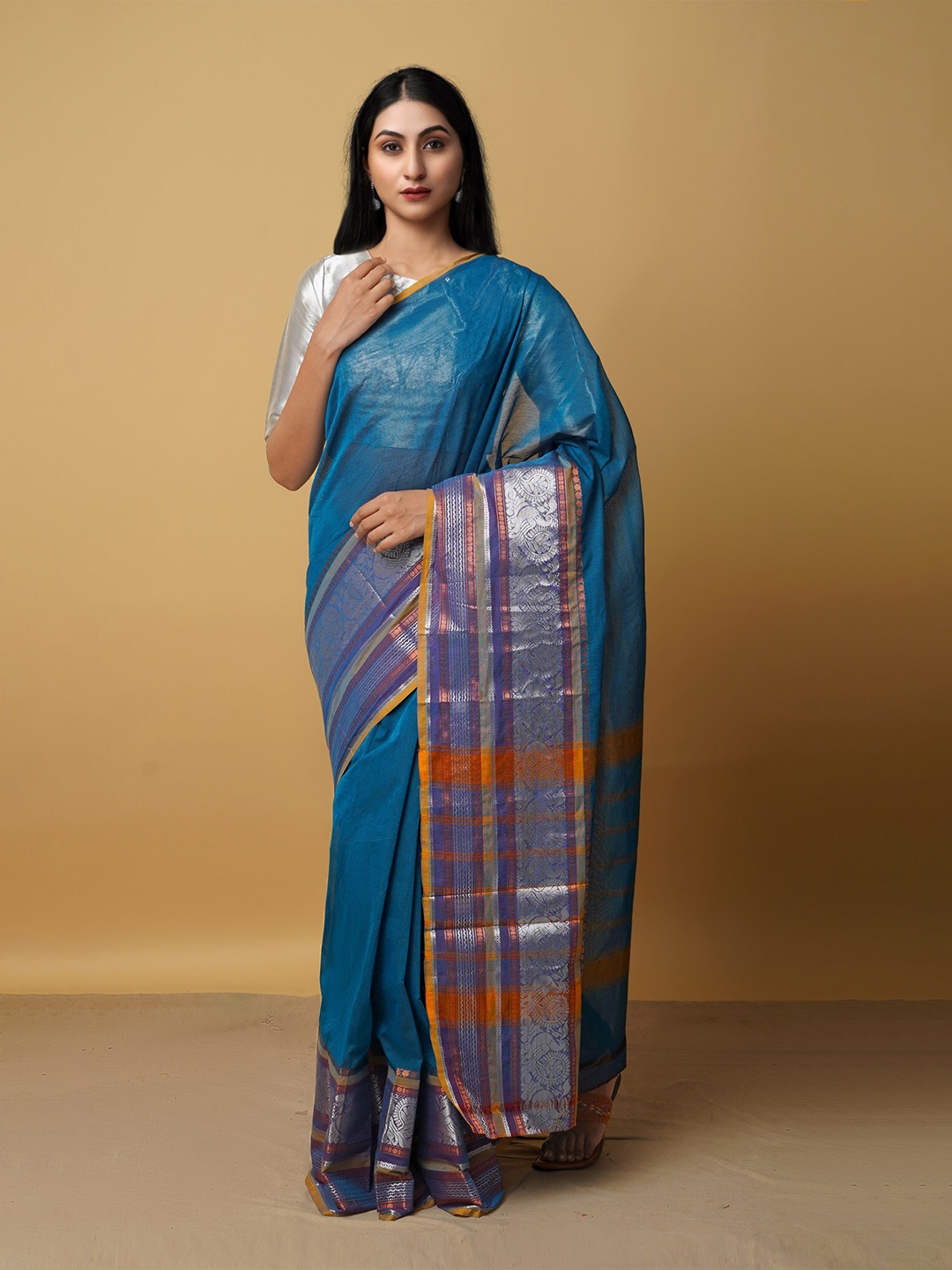 

Unnati Silks Women Blue & Orange Zari Pure Cotton Chettinad Saree