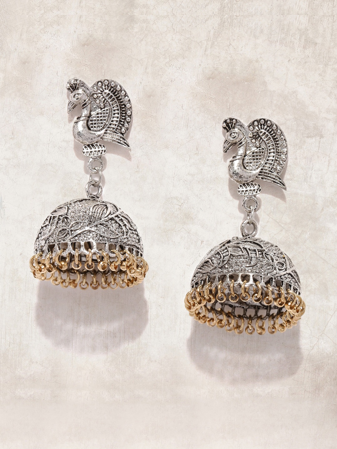 

Anouk Silver-Toned Peacock Shaped Jhumkas