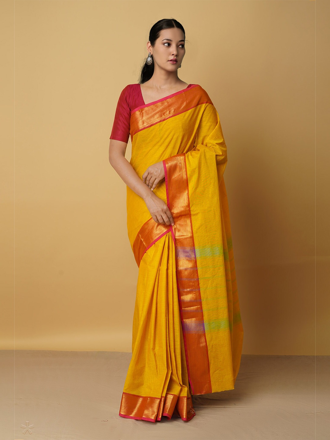 

Unnati Silks Yellow & Gold-Toned Woven Design Zari Pure Cotton Chettinad Saree