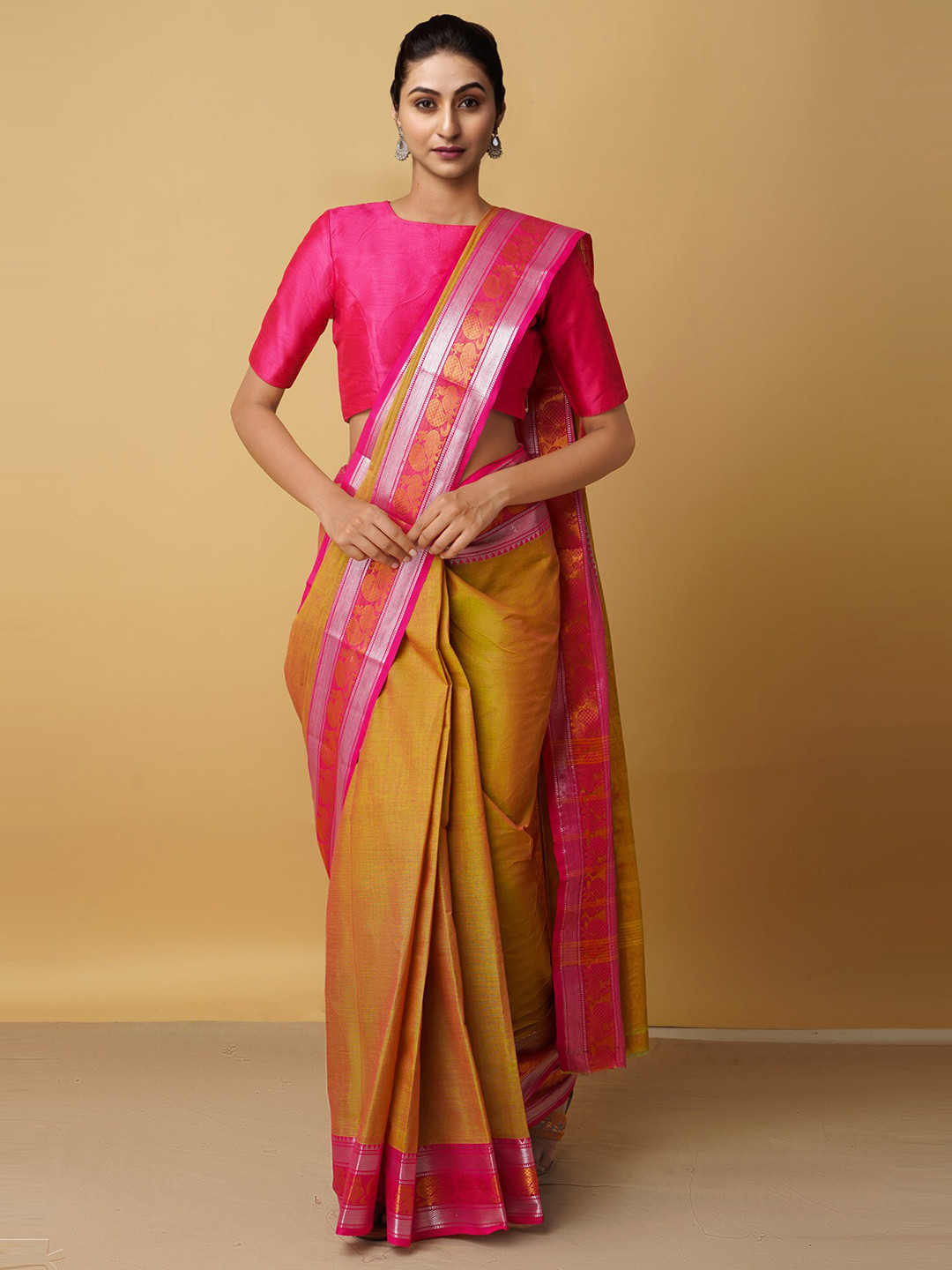 

Unnati Silks Pink & Mustard Woven Design Zari Pure Cotton Chettinad Saree