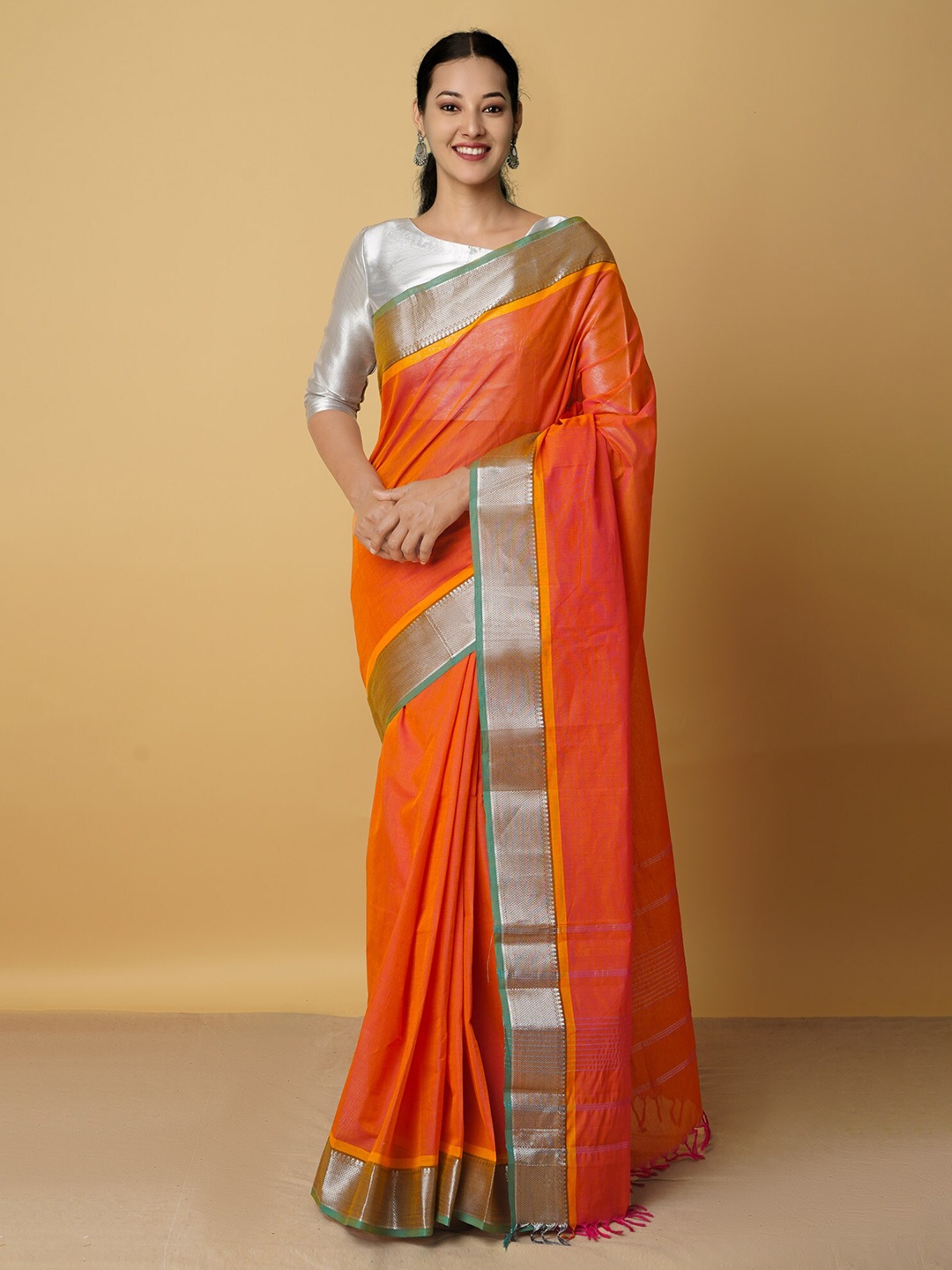 

Unnati Silks Orange & Silver-Toned Pure Cotton Zari Border Chettinad Saree