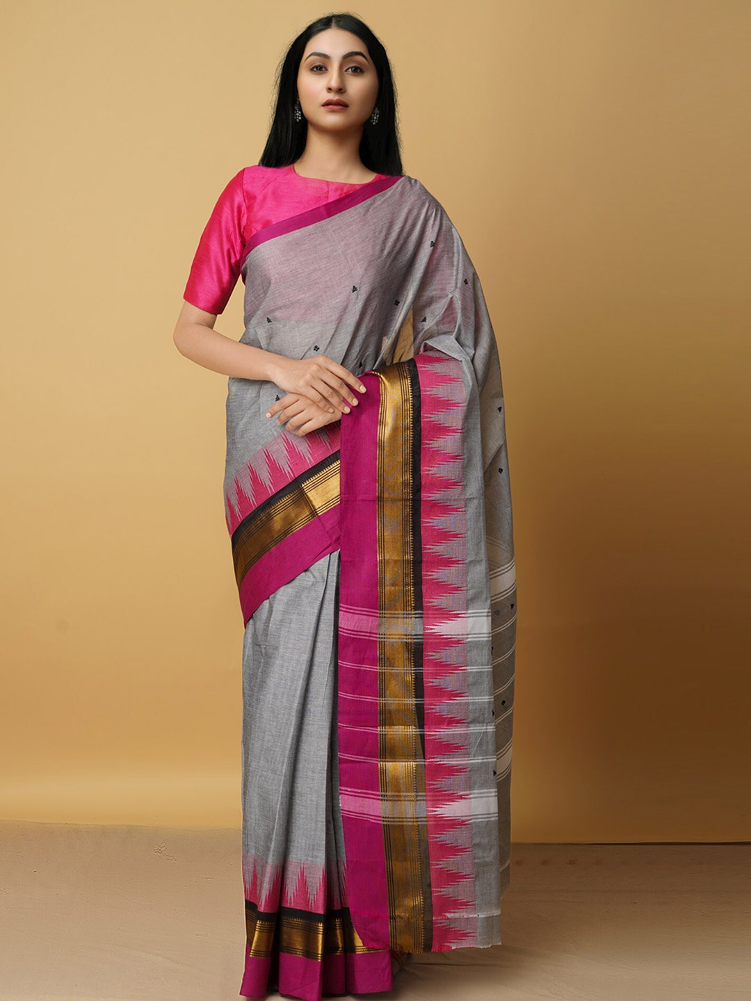 

Unnati Silks Grey & Pink Woven Design Zari Border Pure Cotton Chettinad Saree