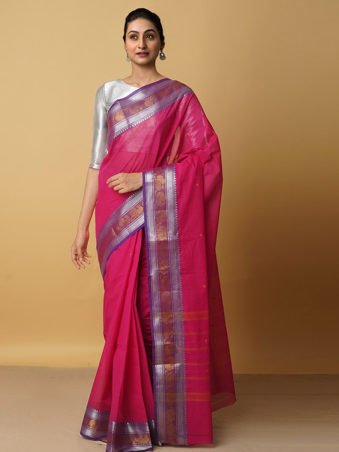Unnati Silks Pink & Blue Woven Design Zari Pure Cotton Chettinad Saree