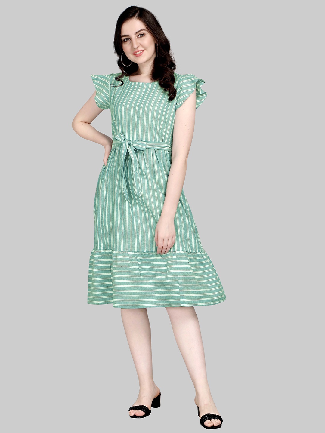 

Kinjo Green Striped Belted Dress