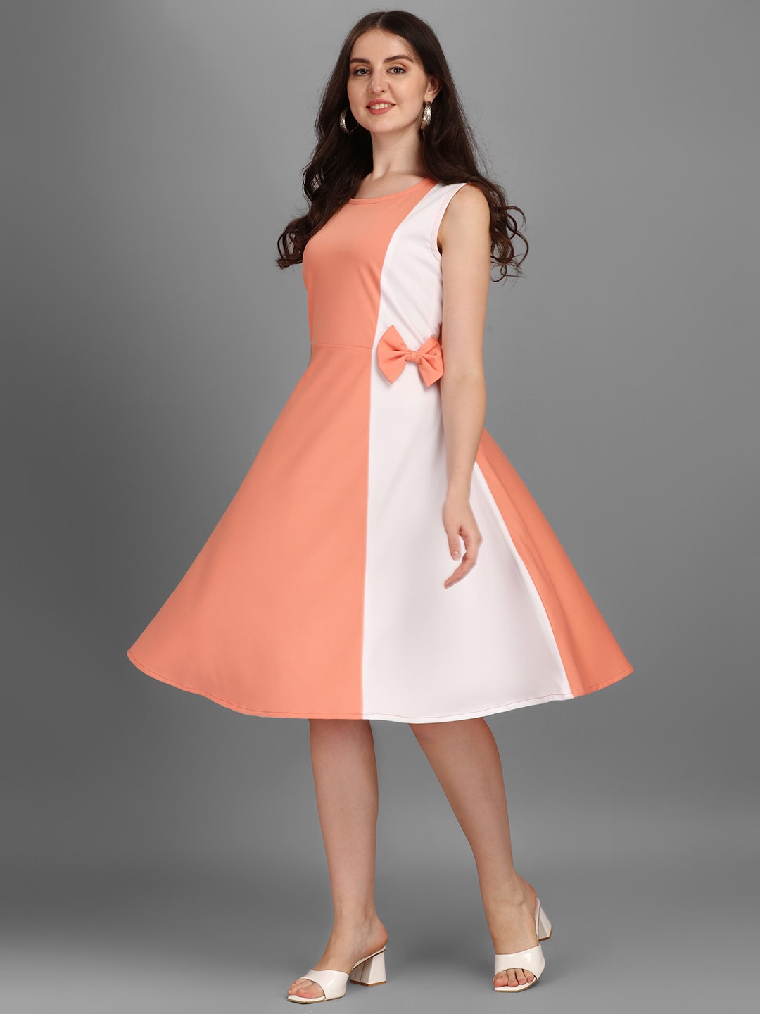 

Kinjo Orange & White Colourblocked Formal A-Line Dress
