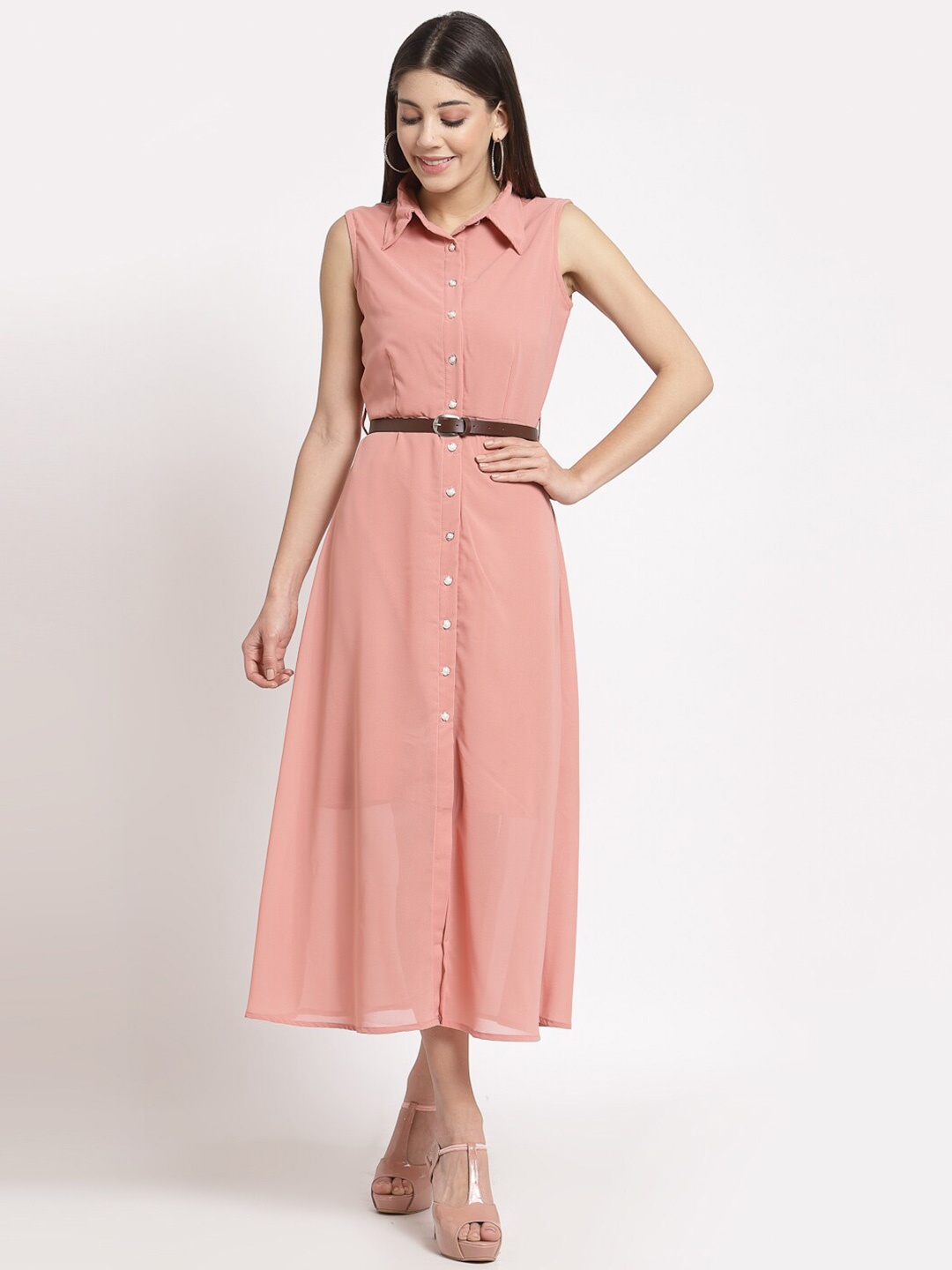 

aayu Women Peach Crepe Maxi A-line shirt dress