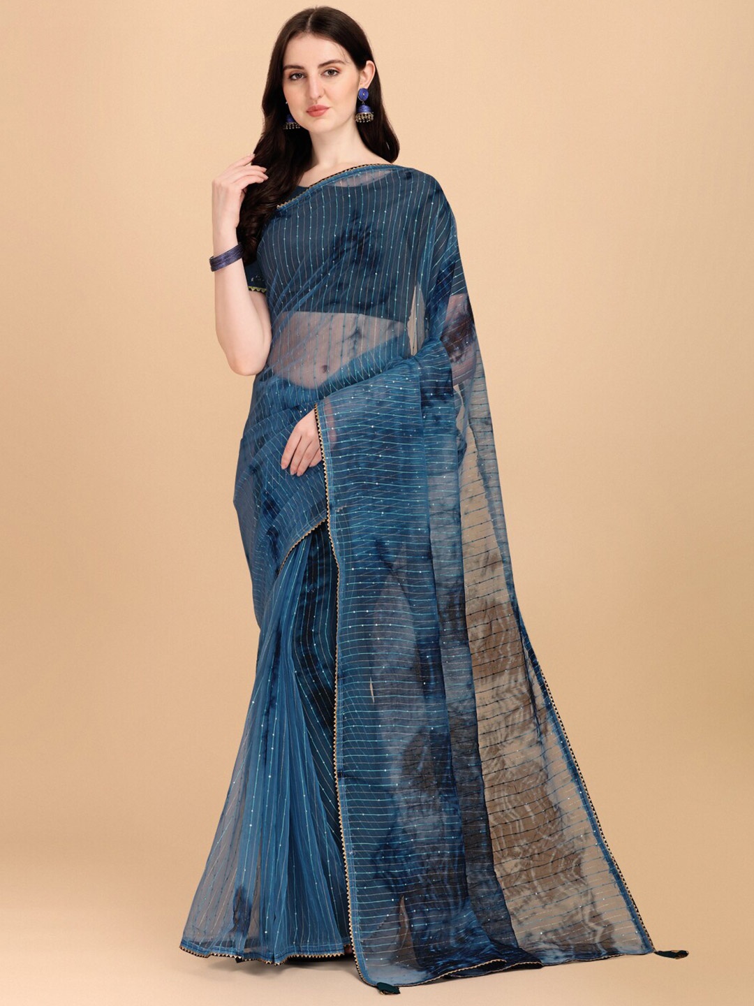 

Indian Women Teal Blue Striped Sequence Work Chanderi Cotton Saree