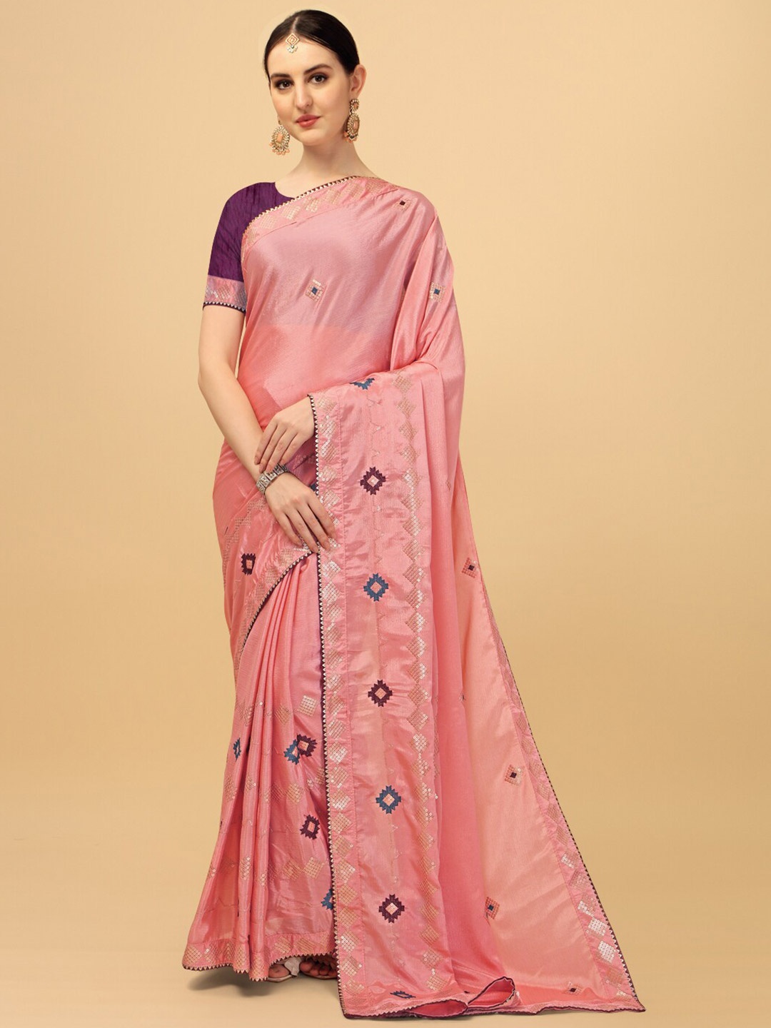

Indian Women Pink Poly Silk Sequinned Saree With Unstitched Blouse Piece