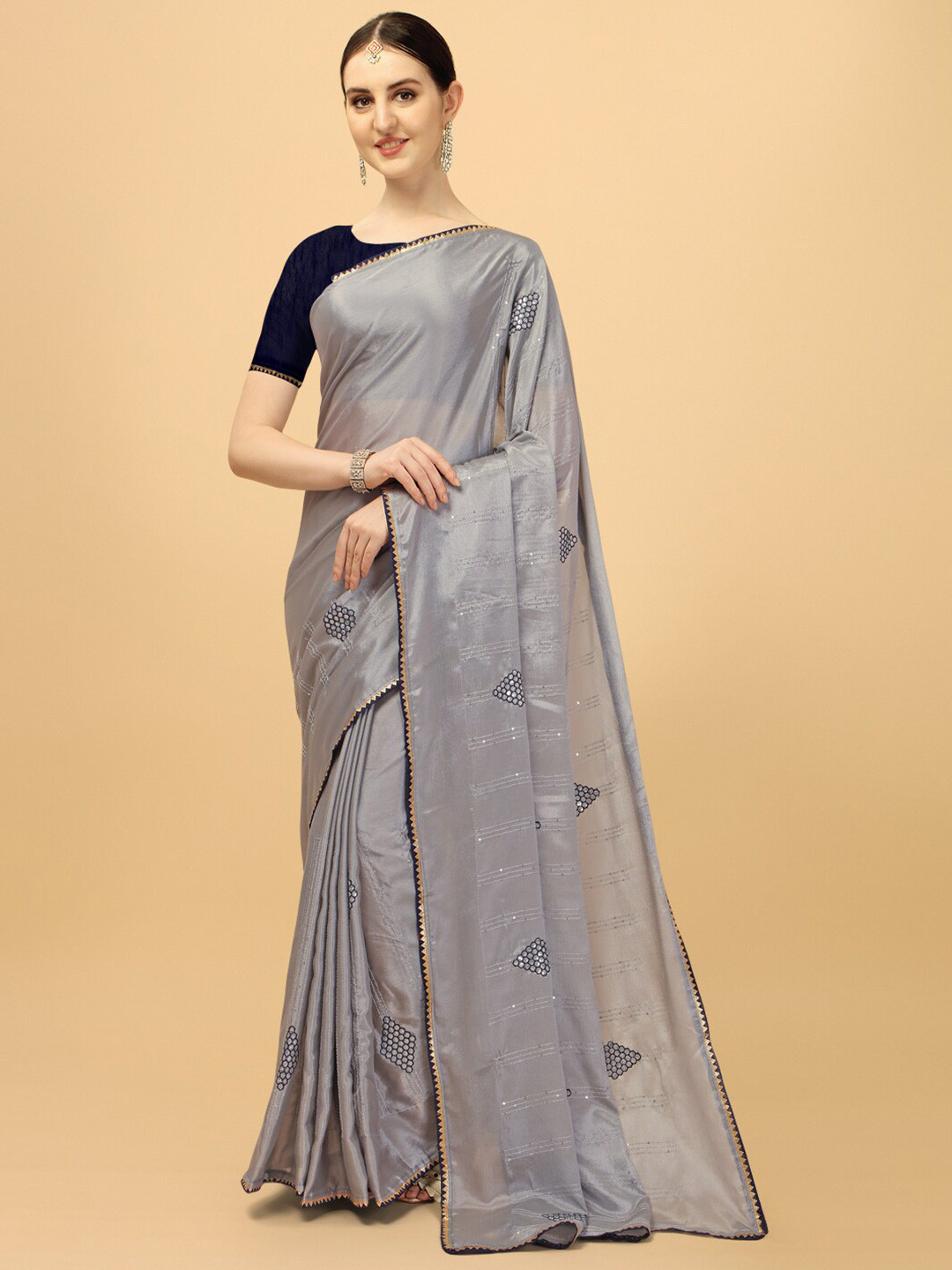 

Indian Women Grey & Gold-Toned Embellished Sequined Work Saree