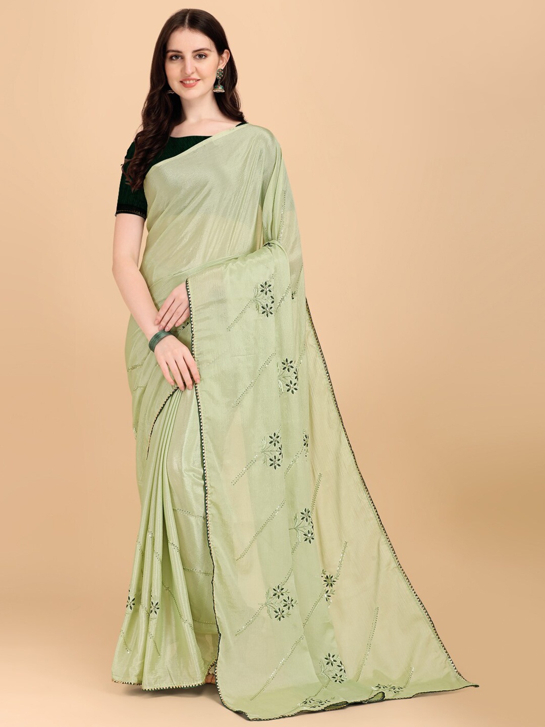 

Indian Women Olive Green & Black Floral Sequinned Saree