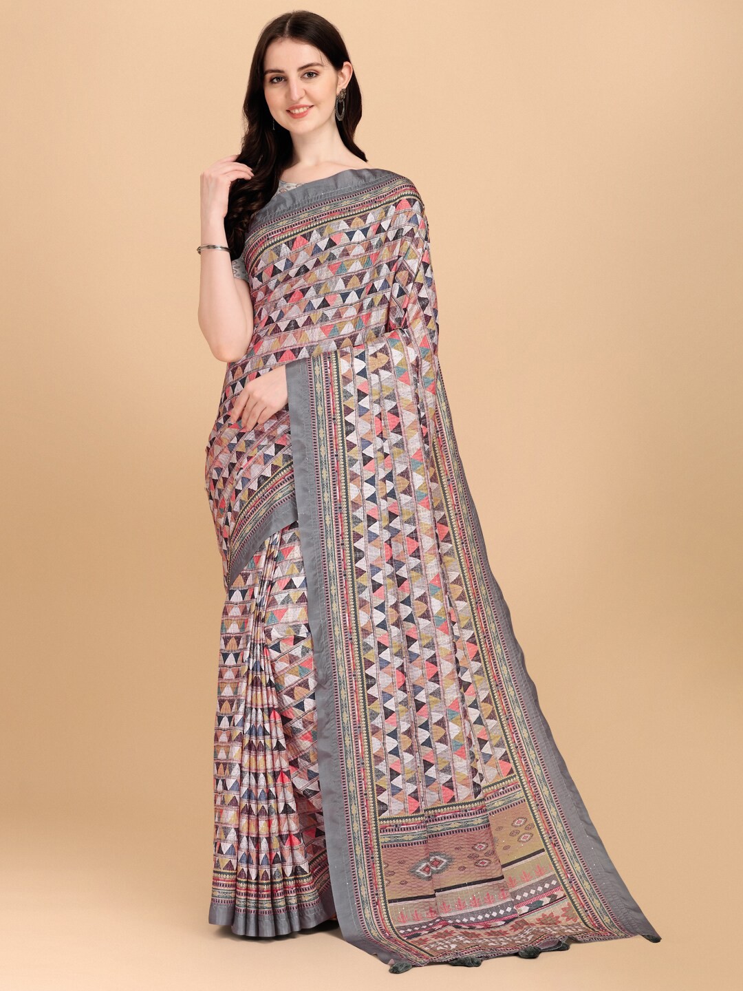 

Indian Women Grey & Orange Sequinned Saree
