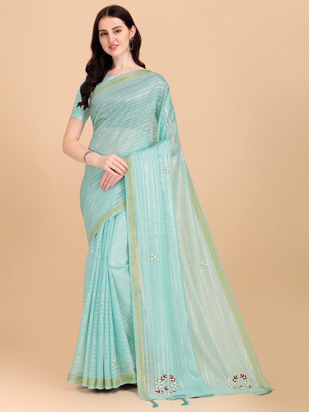 

Indian Women Turquoise Blue Woven Design Saree