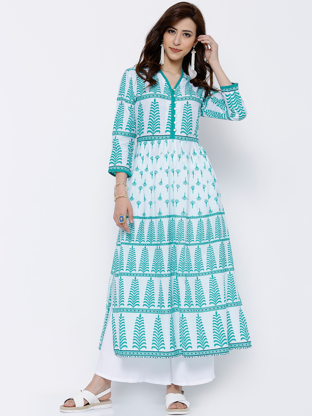 

Vishudh Women Off-White & Turquoise Blue Printed A-Line Kurta