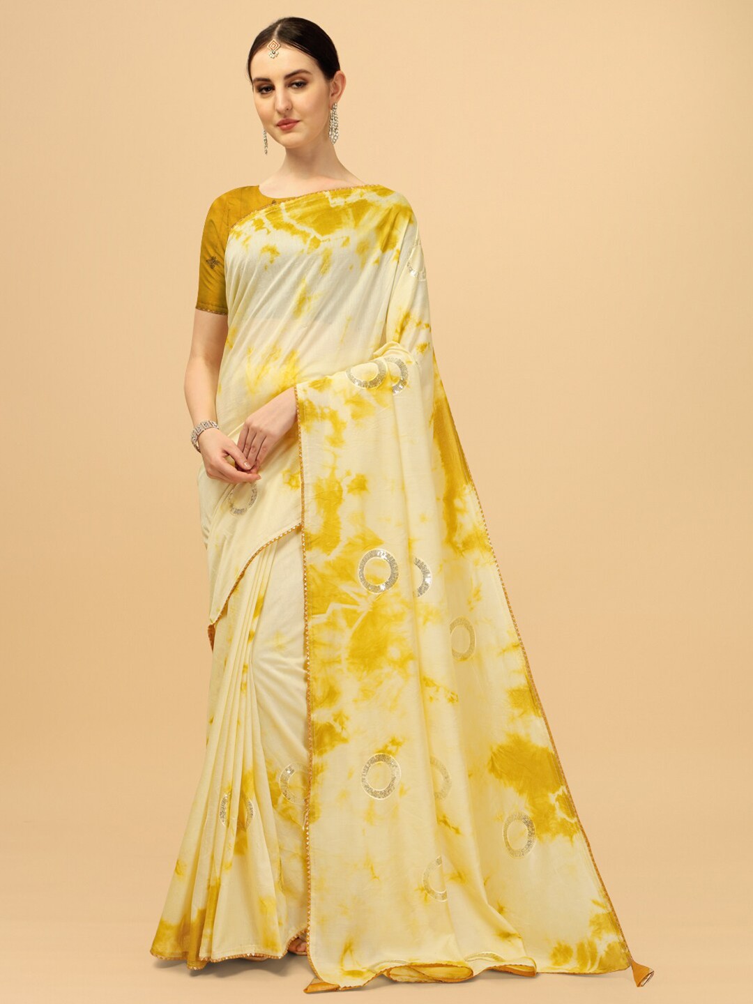 

Indian Women Mustard Sequinned Chanderi Saree