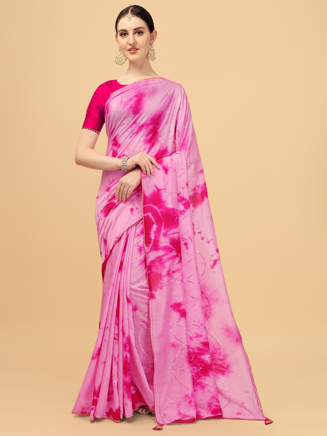 

Indian Women Pink Chanderi Cotton Sequence Work Saree