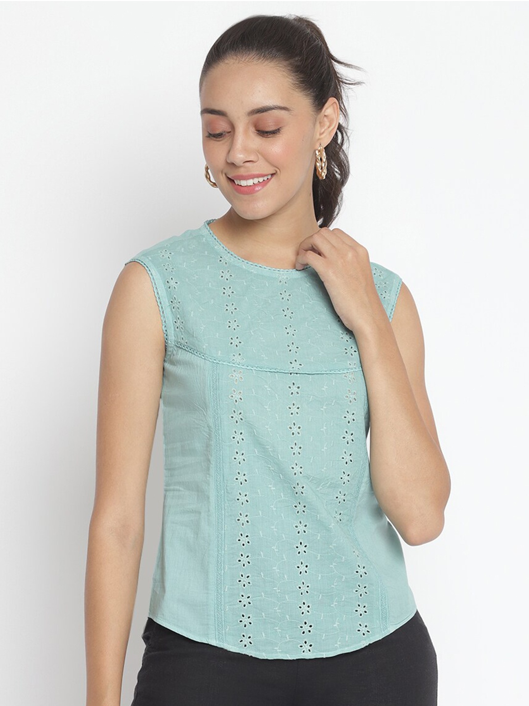 

Marc Loire Women Green Laced Cotton Schiffli Top