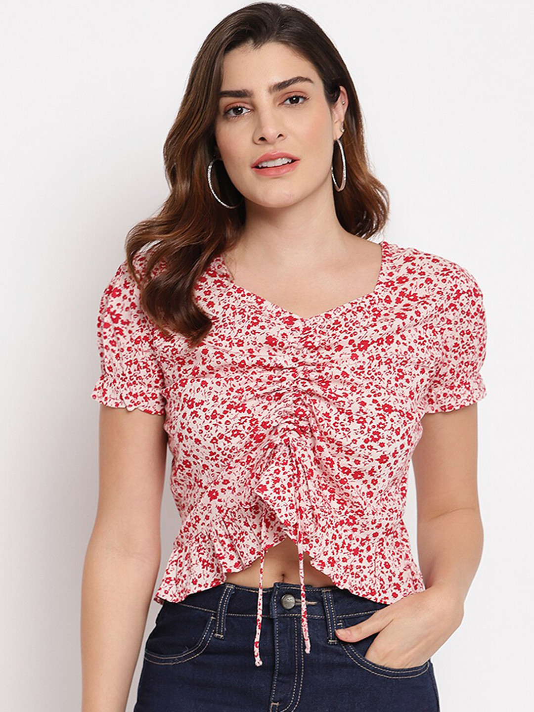 

Marc Loire Red & White Floral Print Crepe Crop Top