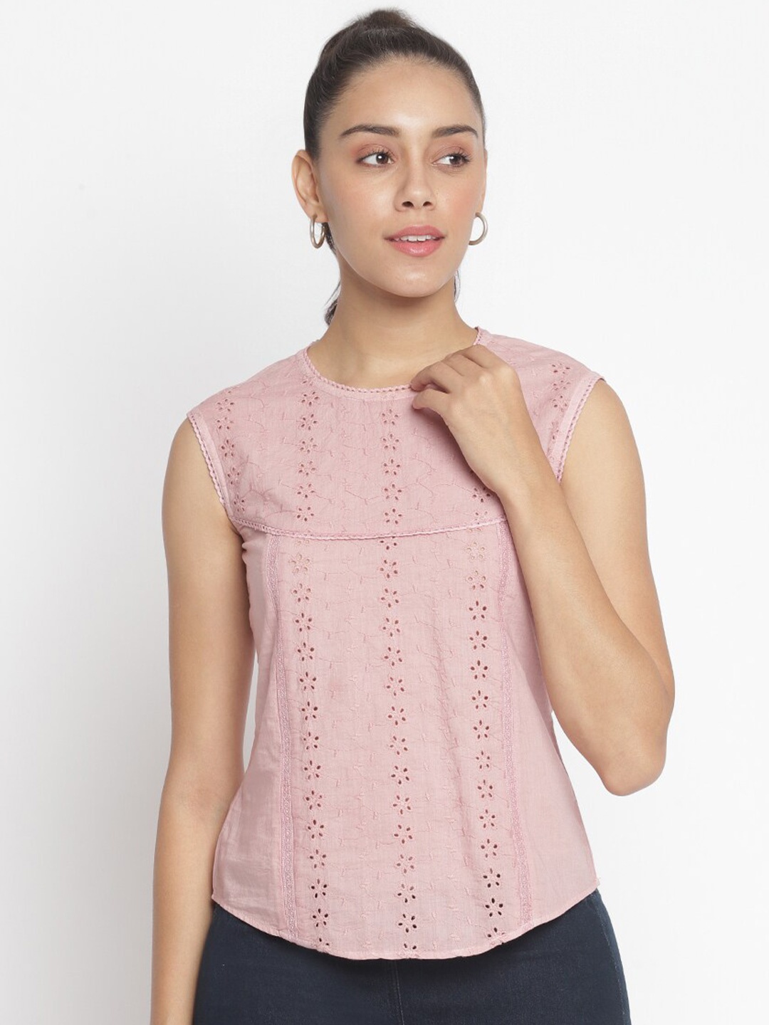 

Marc Loire Peach-Coloured Self Design Schiffli Pure Cotton Top