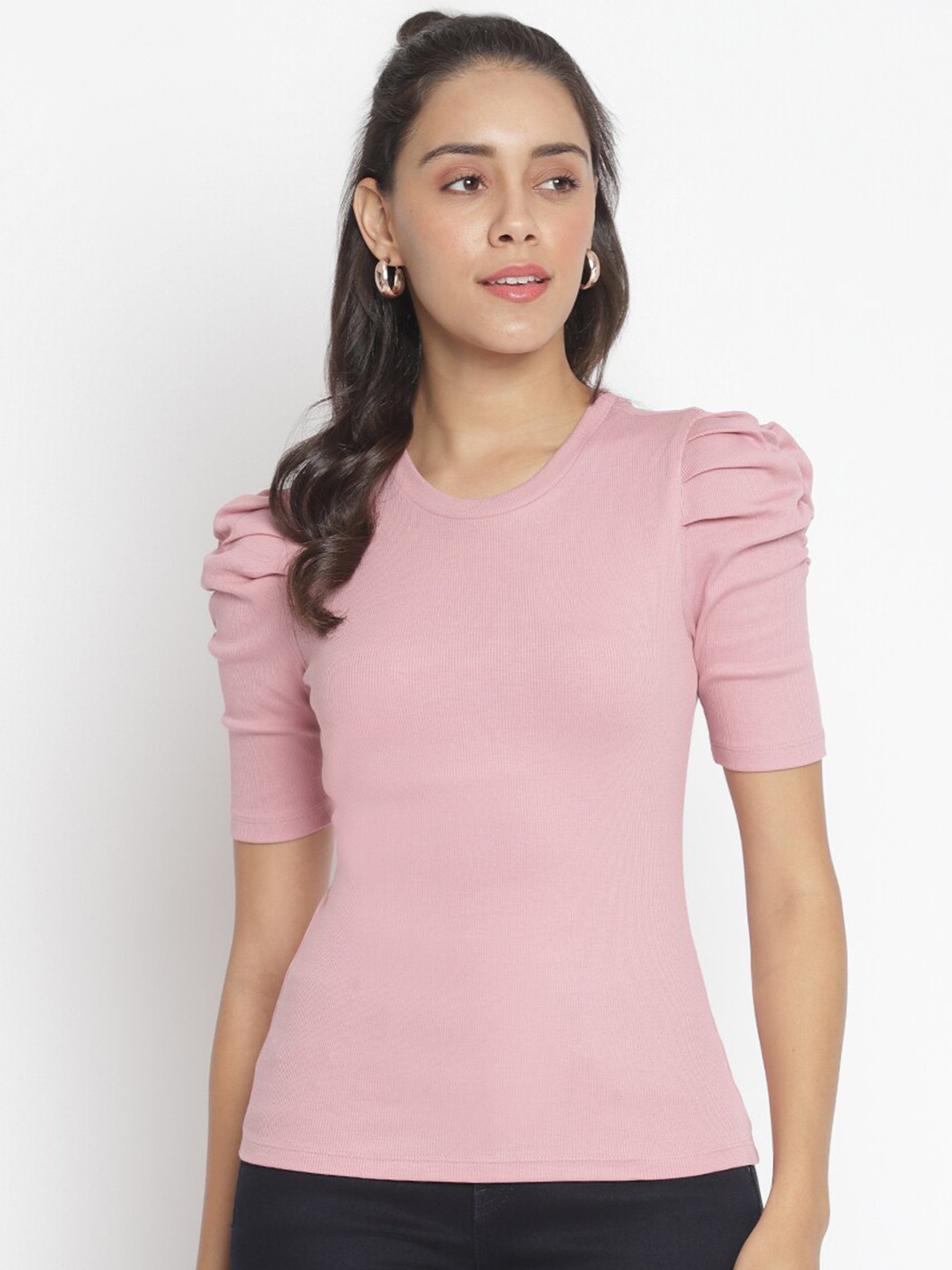 

Marc Loire Women Pink Puff Sleeve Cotton Ribbed Top