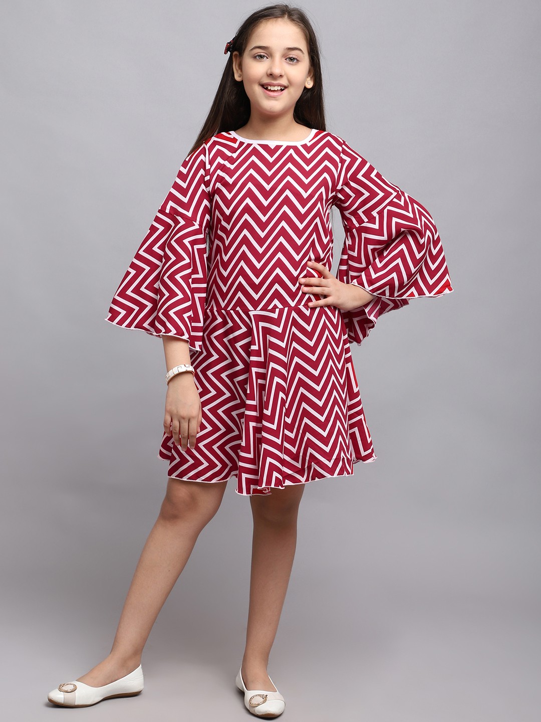 

White World Girls Red & White Printed Crepe A-Line Dress