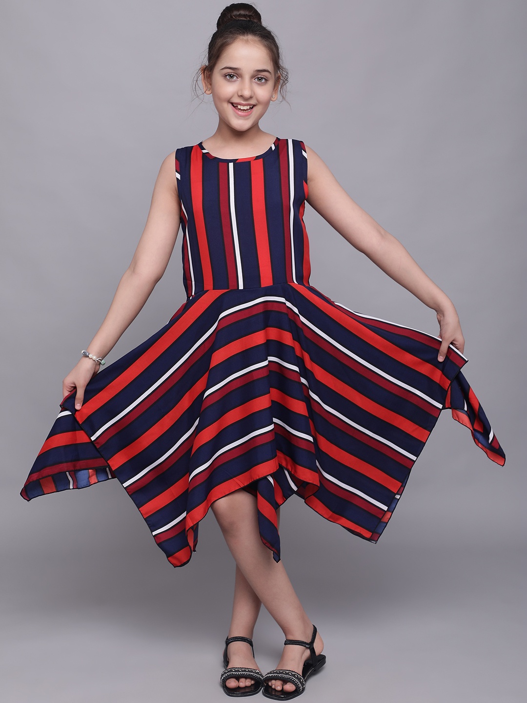 

White World Girls Blue & Red Striped Crepe Midi Dress