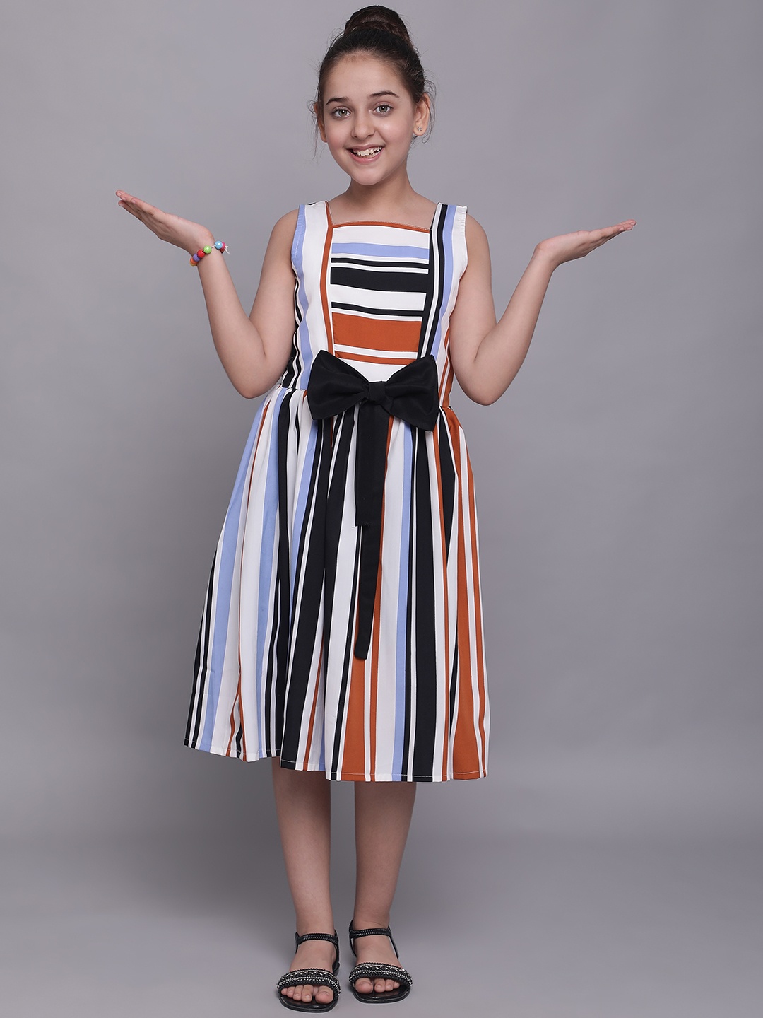 

White World Blue & Black Striped Crepe Midi Dress