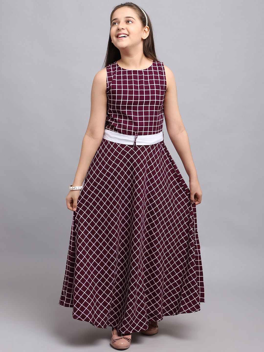 

White World Girls Maroon & White Crepe Round Neck Maxi Dress