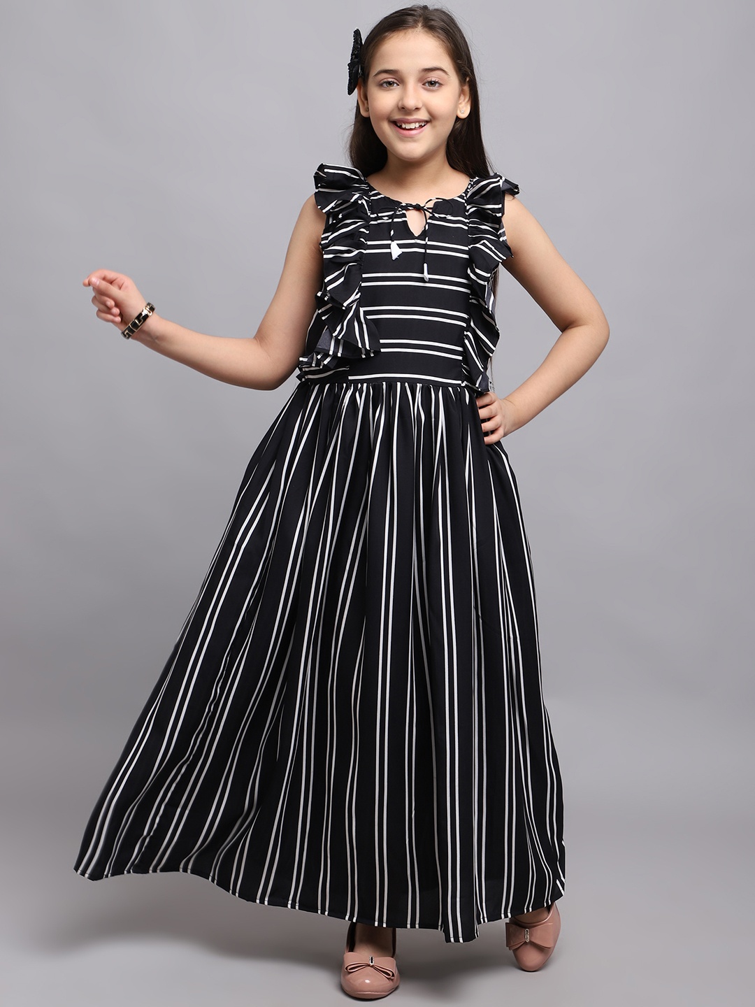 

White World Black Striped Keyhole Neck Crepe Ethnic Maxi Dress