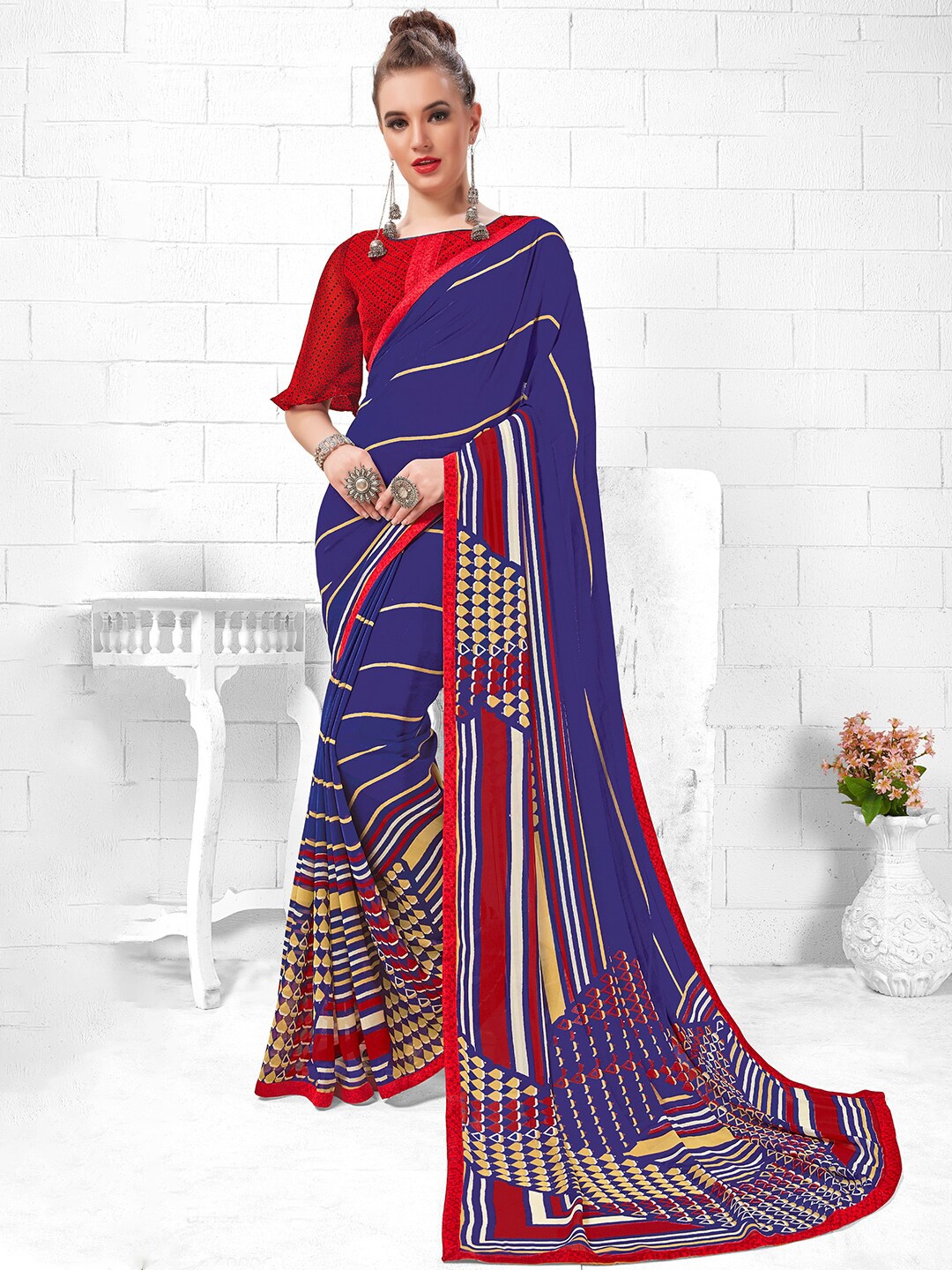 

Shaily Navy Blue & Red Printed Saree