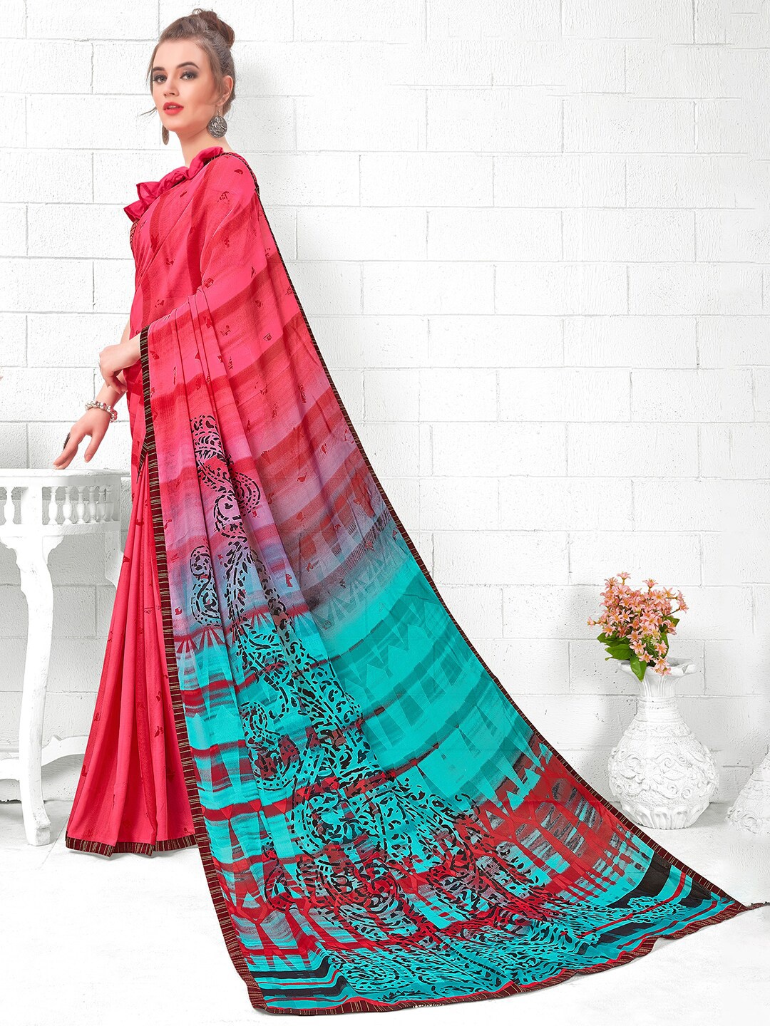 

Shaily Pink & Blue Georgette Printed Saree