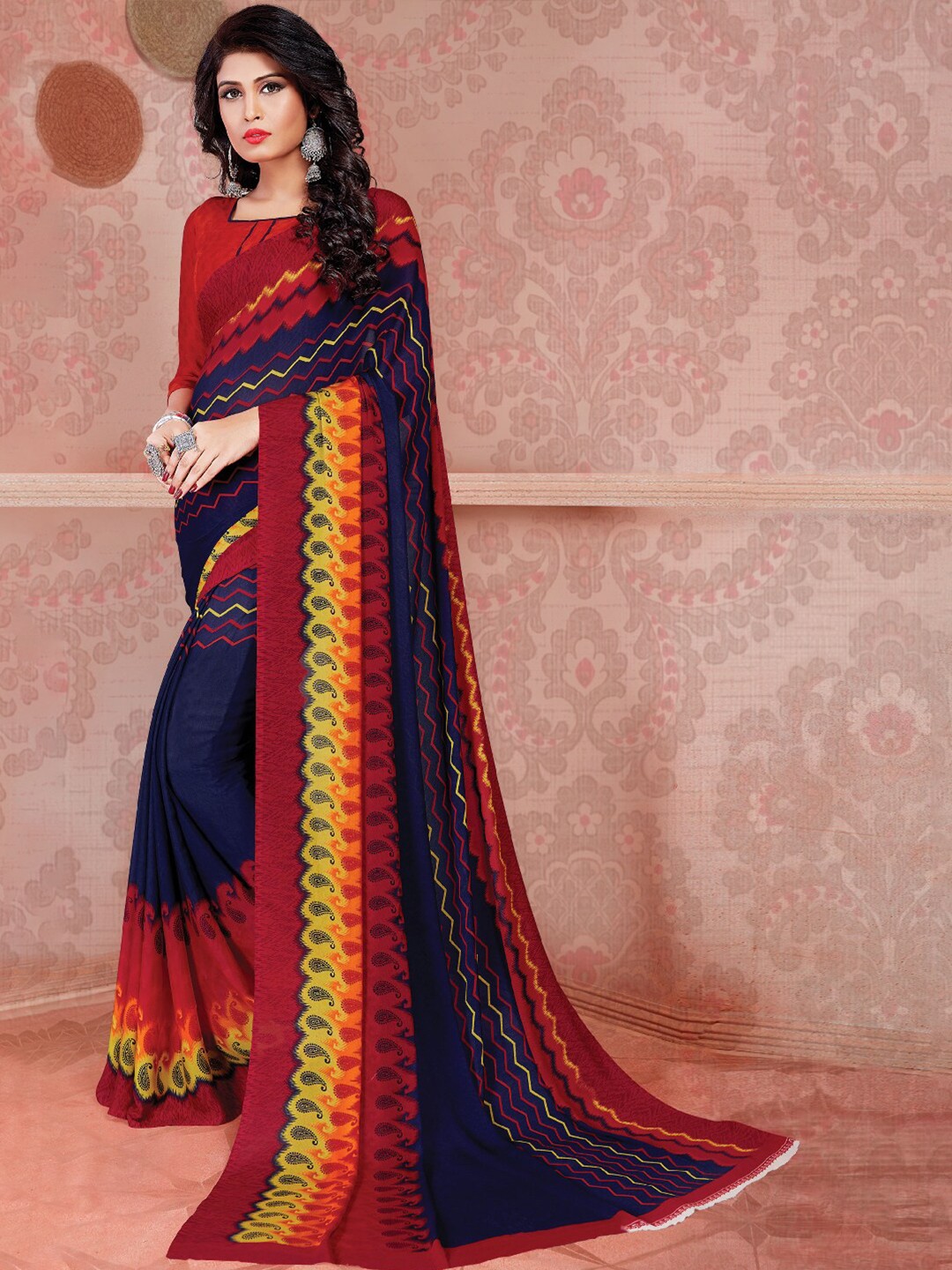 

Shaily Navy Blue & Red Ethnic Motifs Printed Saree
