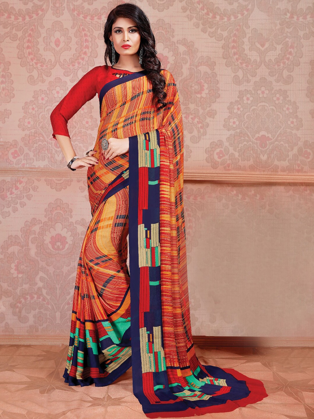 

Shaily Red & Navy Blue Printed Poly Georgette Saree