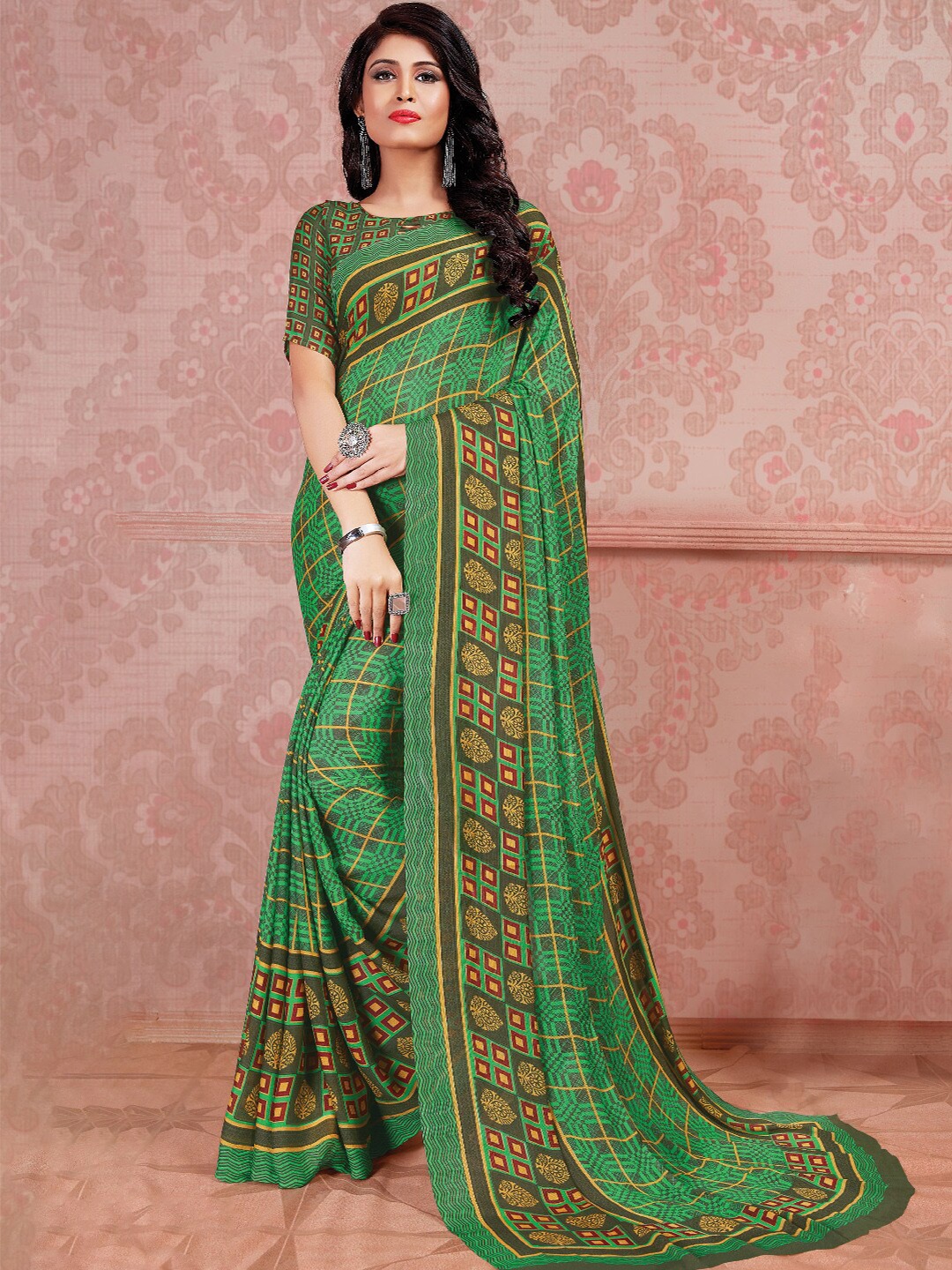 

Shaily Green & Yellow Checked Georgette Saree