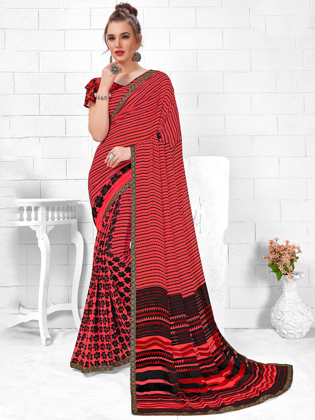 

Shaily Red & Black Georgette Printed Saree
