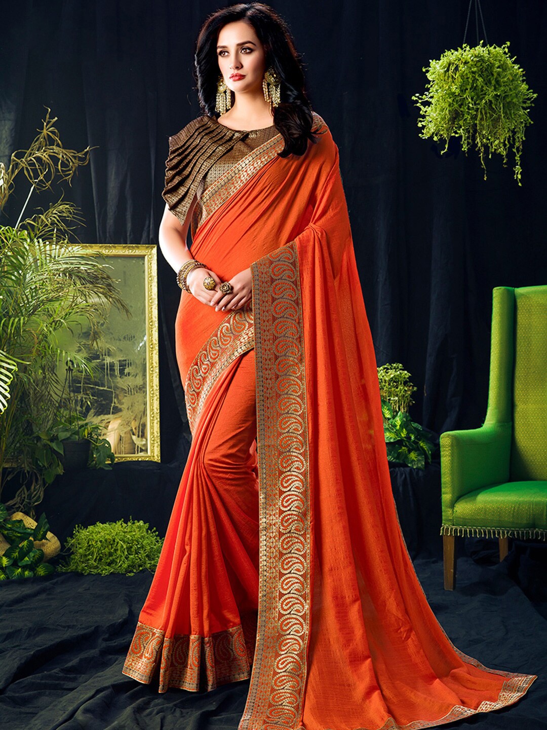 

Shaily Orange & Gold-Toned Woven Design Zari Silk Blend Saree