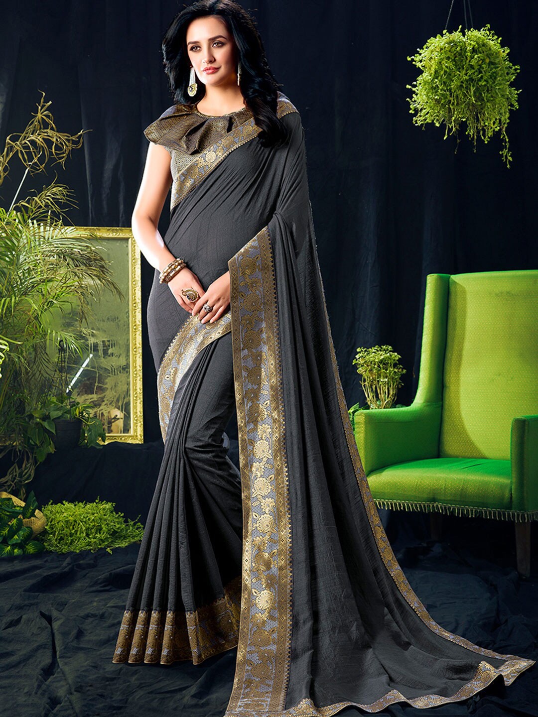

Shaily Charcoal Grey & Gold-Toned Solid Zari Brocade Saree