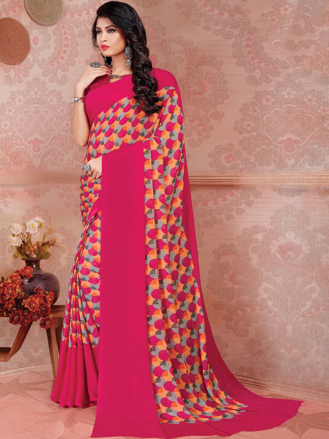 

Shaily Women Pink & Yellow Geometric Printed Poly Georgette Saree