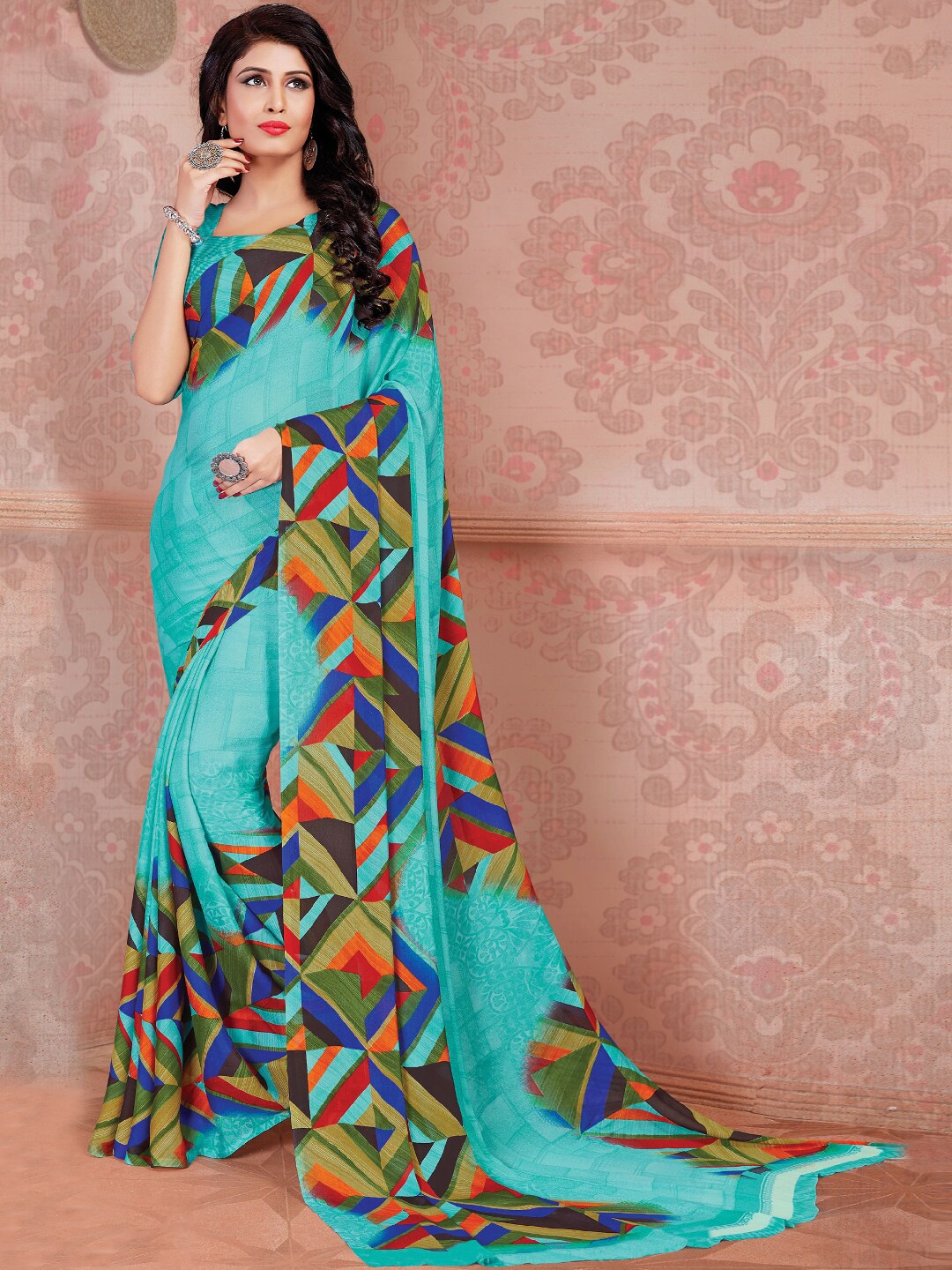 

Shaily Blue & Orange Printed Saree