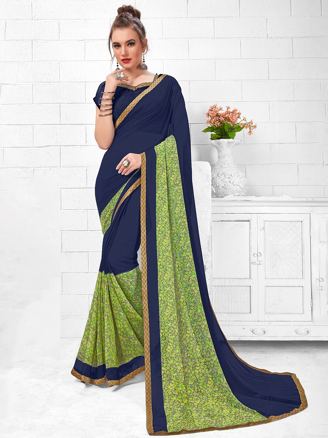 

Shaily Women Navy Blue & Green Poly Georgette Printed Saree