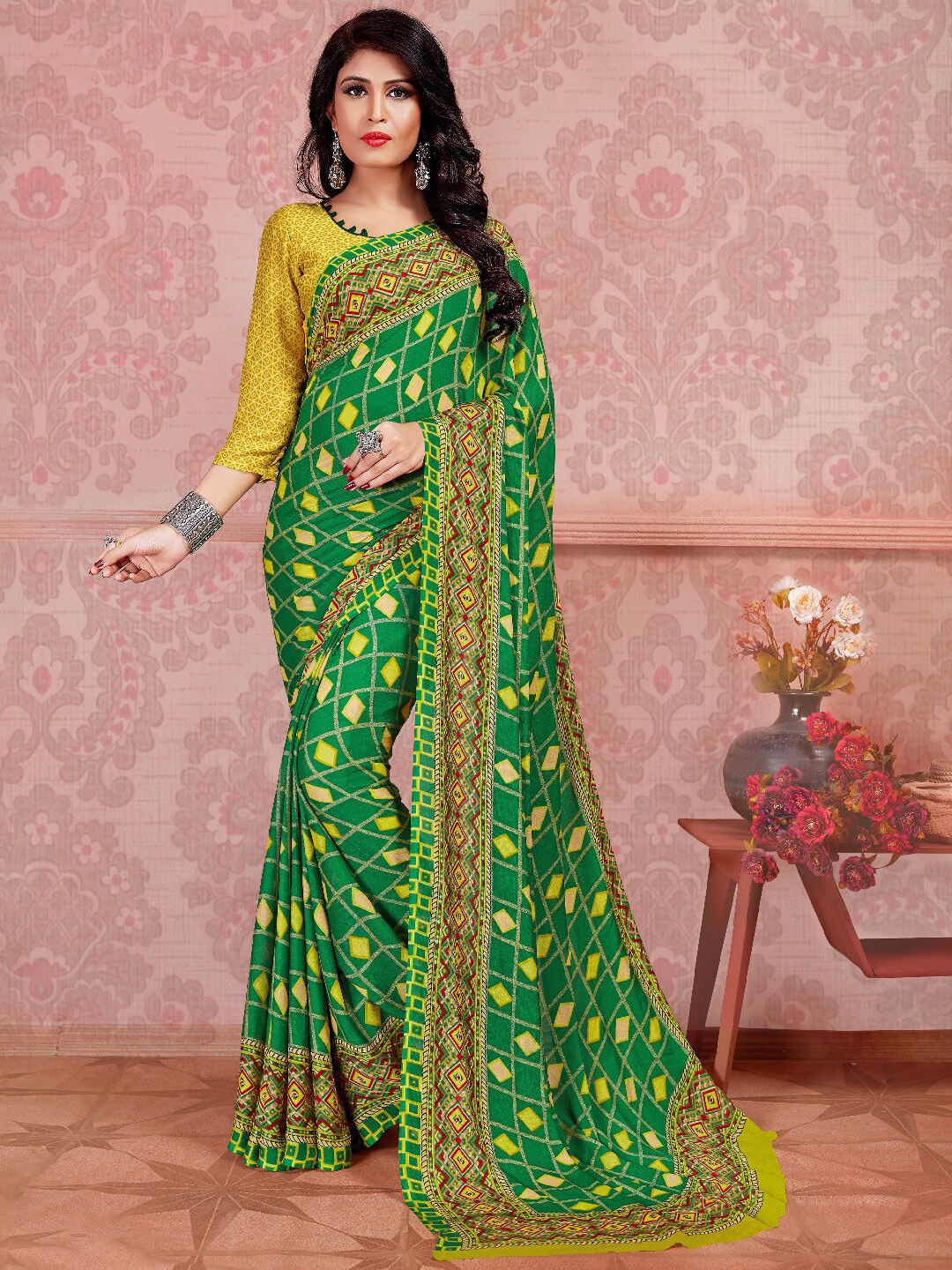 

Shaily Green & Yellow Geometric Printed Poly Georgette Saree