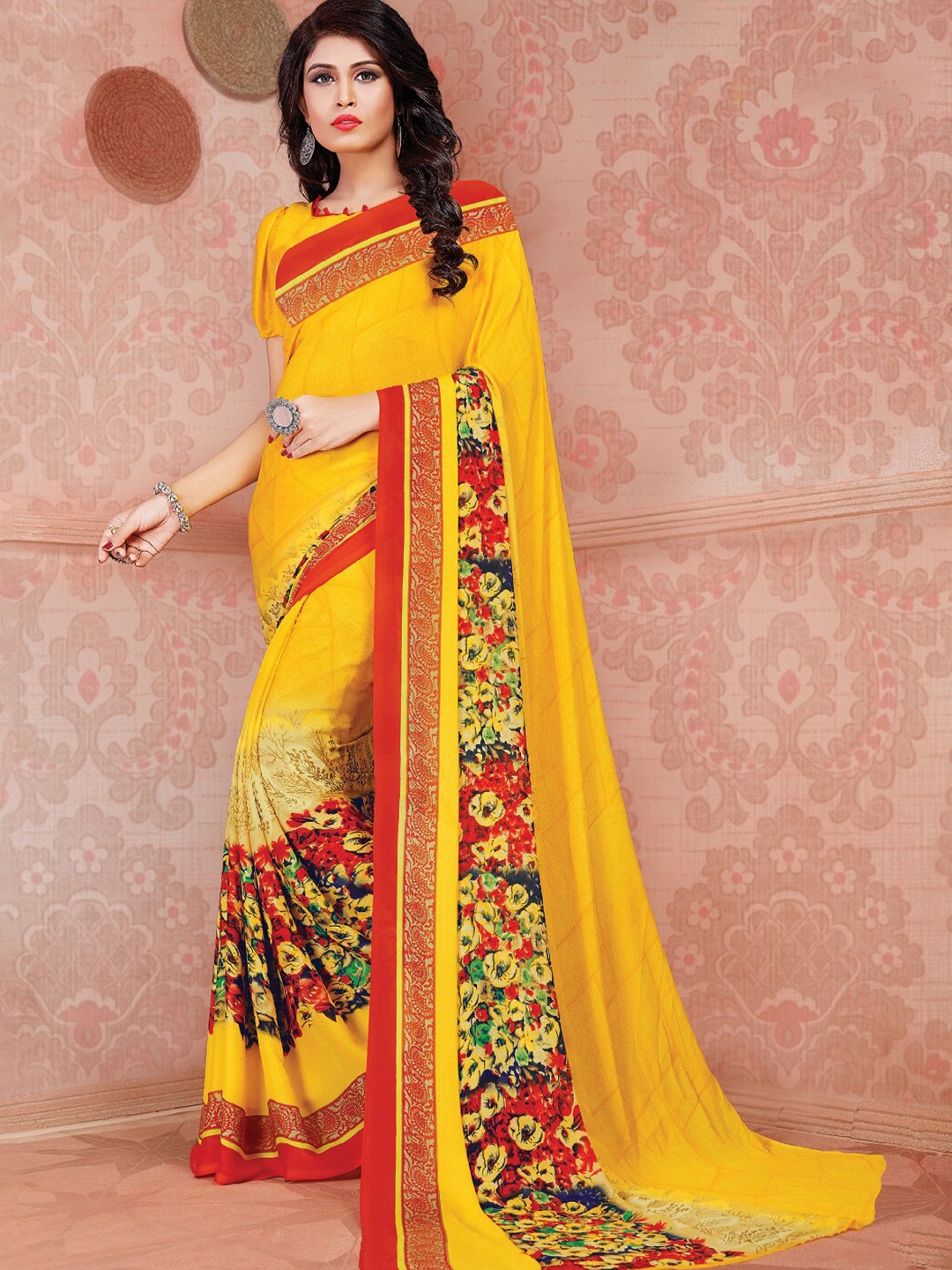 

Shaily Yellow & Red Floral Printed Saree