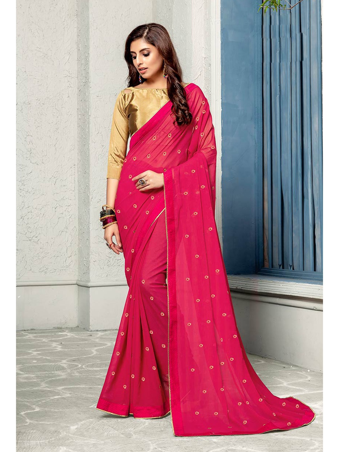 

Shaily Pink Ethnic Motifs Pure Chiffon Saree