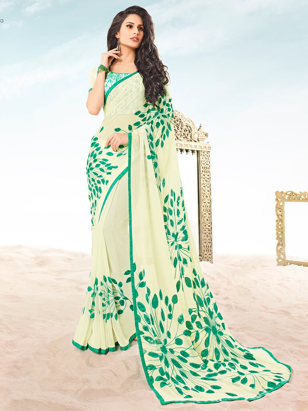 

Shaily Women White & Green Floral Print Pure Georgette Saree