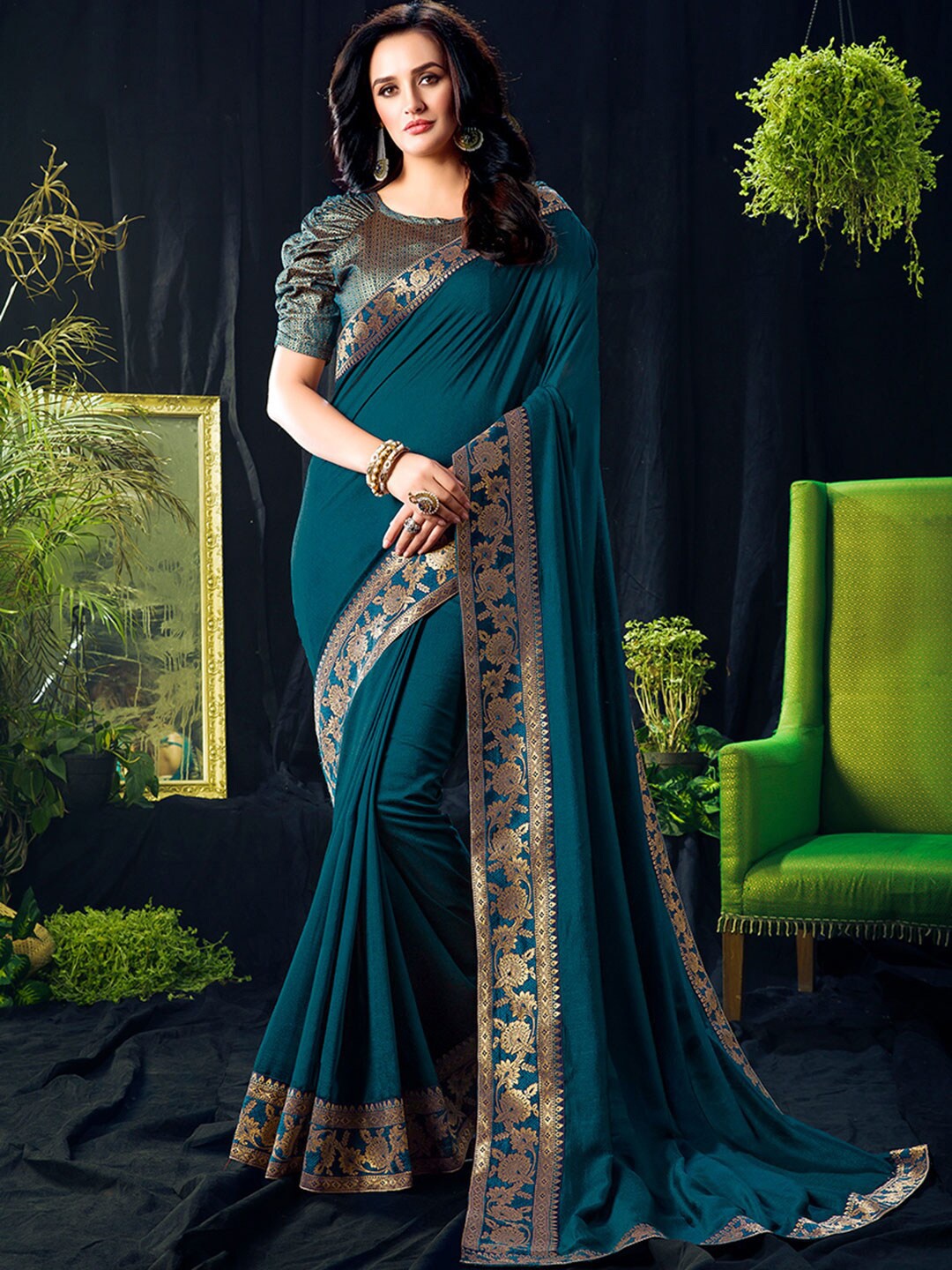 

Shaily Teal Zari Silk Blend Brocade Lace Saree