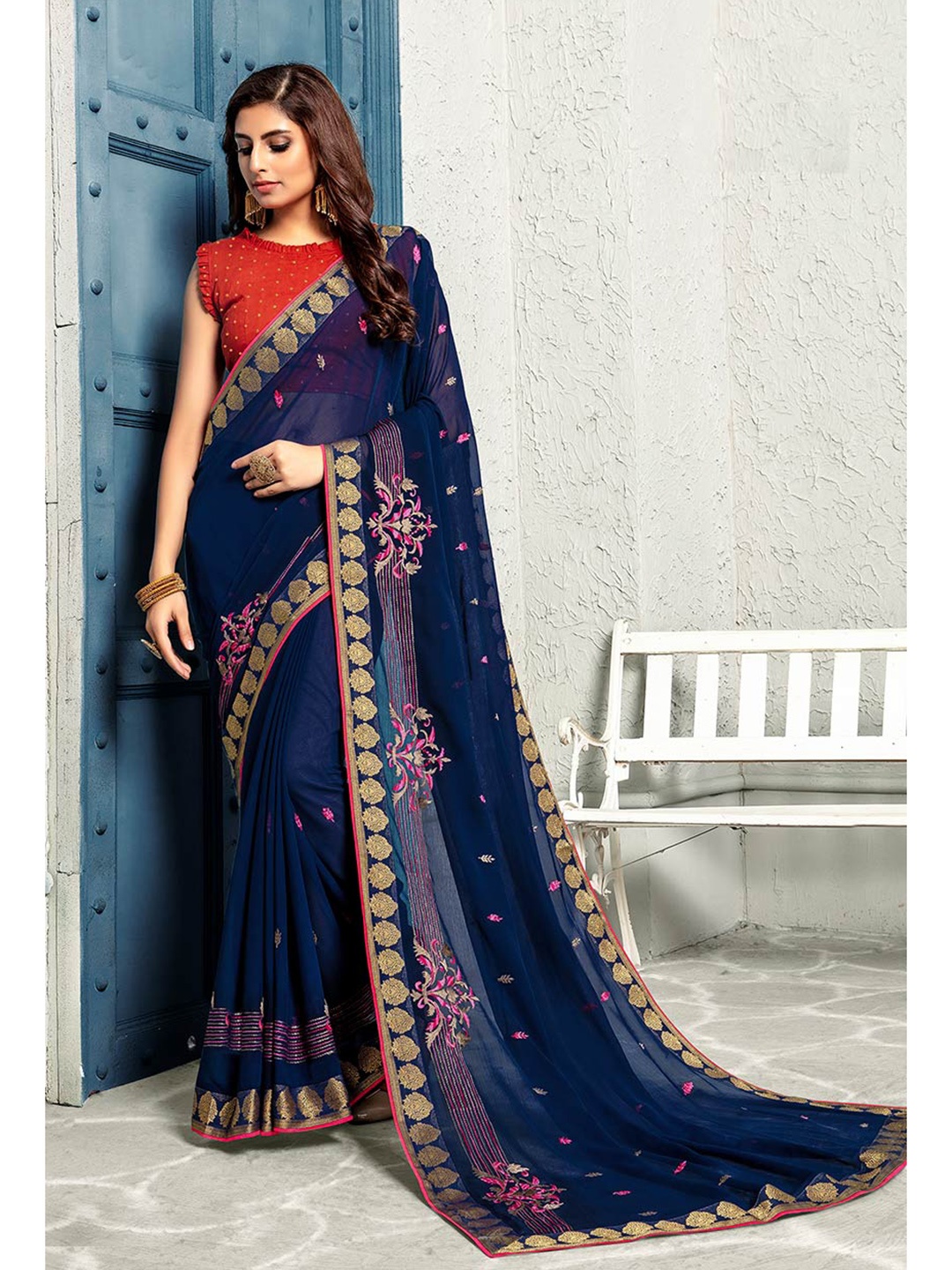 

Shaily Women Navy Blue & Gold-Toned Ethnic Motifs Embroidered Pure Chiffon Saree