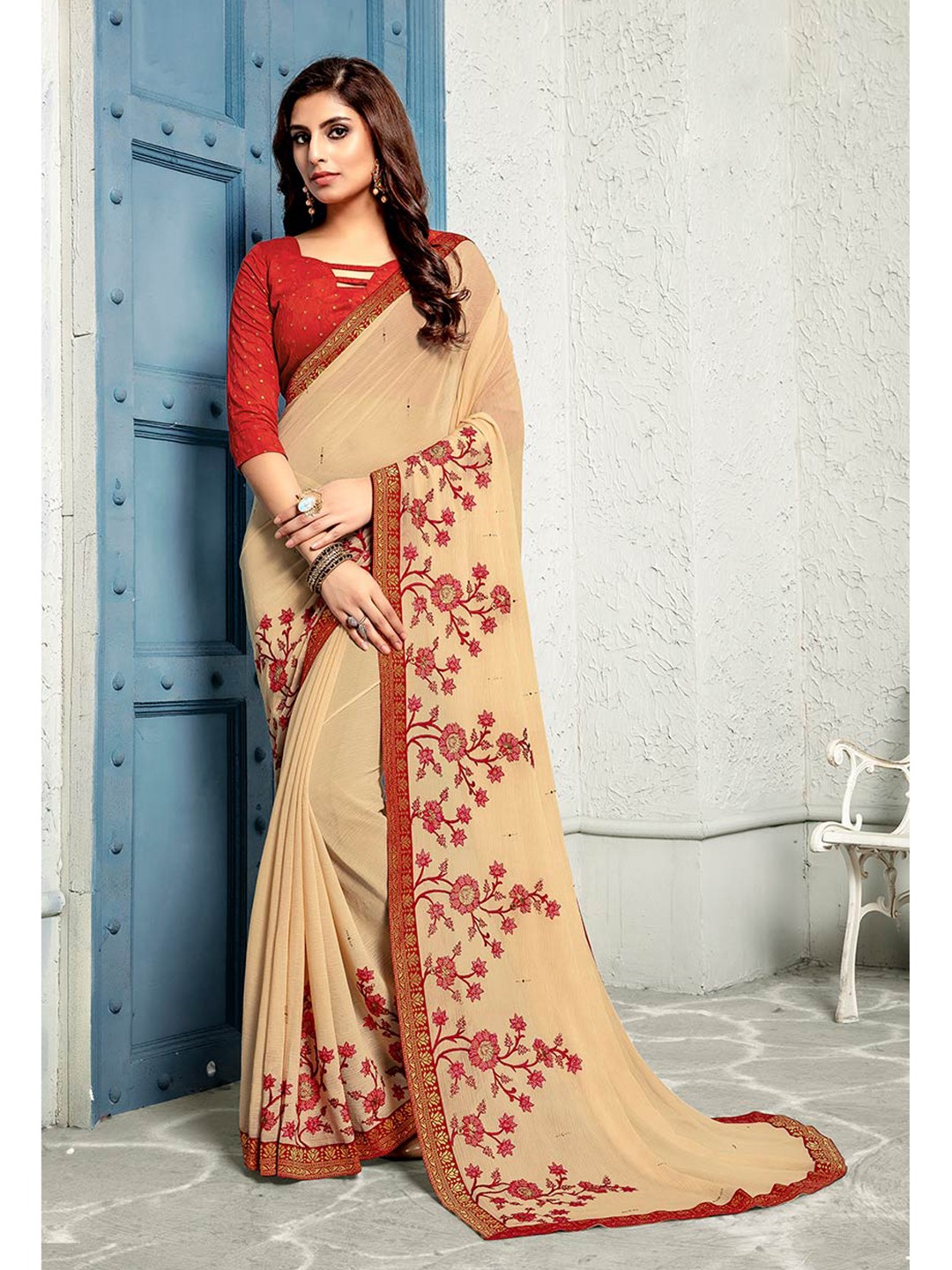 

Shaily Women Beige & Maroon Floral Embroidery Pure Chiffon Saree